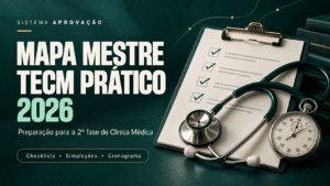 Mapa Mestre TECM Prático 2026: preparação para a segunda fase de Clínica Médica com checklists, simulações e cronograma.